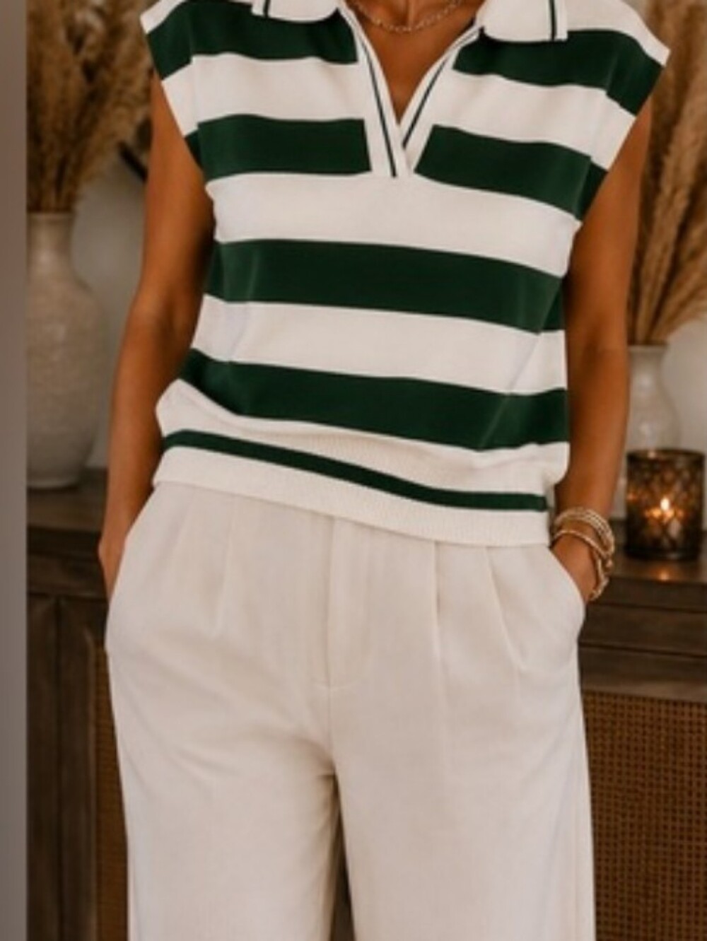 Zenana Striped Green and White Sleeveless Polo Top/Vest